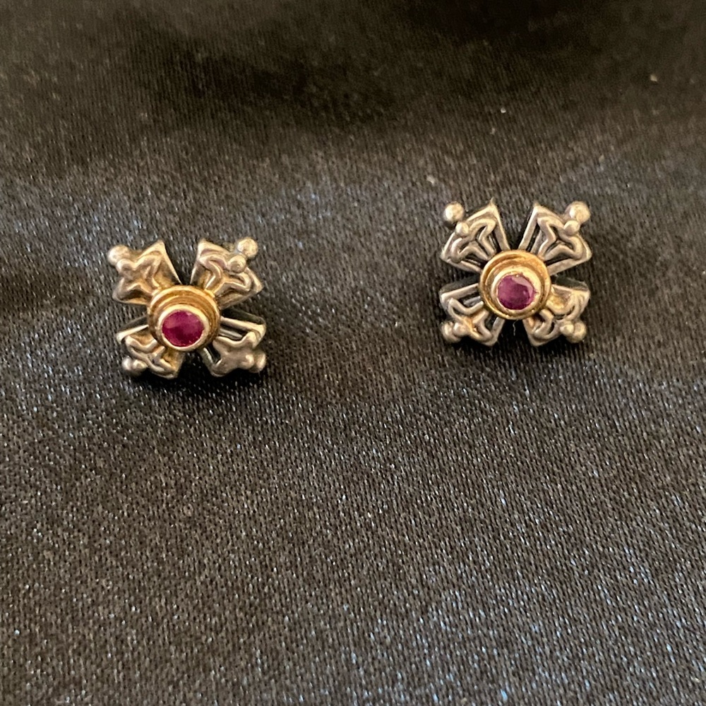 Sterling Silver and 18K Karat Gold Cross Earrings with Ruby Accent